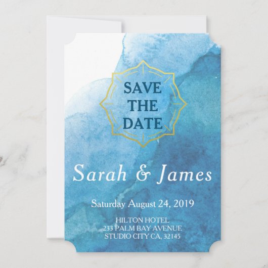 Marineblauw en wit aquarel strand bruiloft save the date (Voorkant)