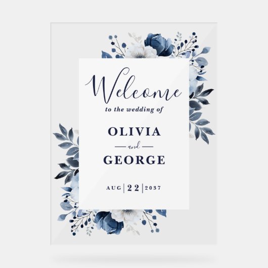 Marineblauw en wit Bloemen Bruiloft Welkomstbord Acryl Bord (Voorkant)