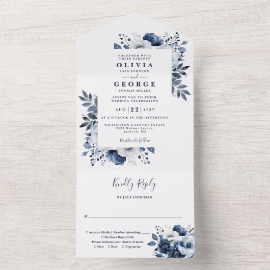 Marineblauw en wit Elegant Bloemenbruiloft All In One Uitnodiging (Binnen)