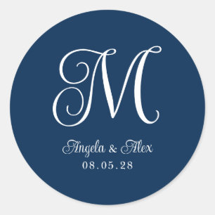 Marineblauw en wit mooi krullend trouwmonogram ronde sticker