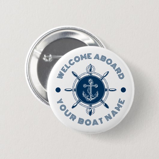 Marineblauw en wit stuurwit en bootanker ronde button 5,7 cm (Voorkant /achterkant)