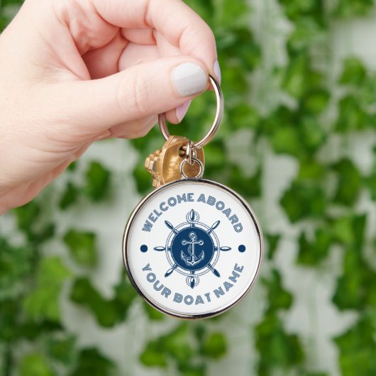 Marineblauw en wit stuurwit en bootanker sleutelhanger (Hand)