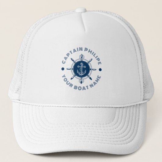 Marineblauw en wit stuurwit en bootanker trucker pet (Voorkant)
