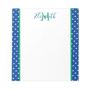 Marineblauw en witstippen met groene monogram notitieblok