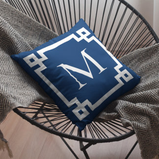Marineblauw en witte monogrammen Griekse hoofdgren Kussen