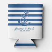 marineblauw en witte strepen met een neusanker blikjeskoeler (Voorkant)