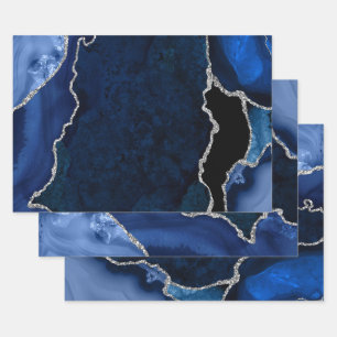 Marineblauw en Zilver Nep Glitter Agat Inpakpapier Vel