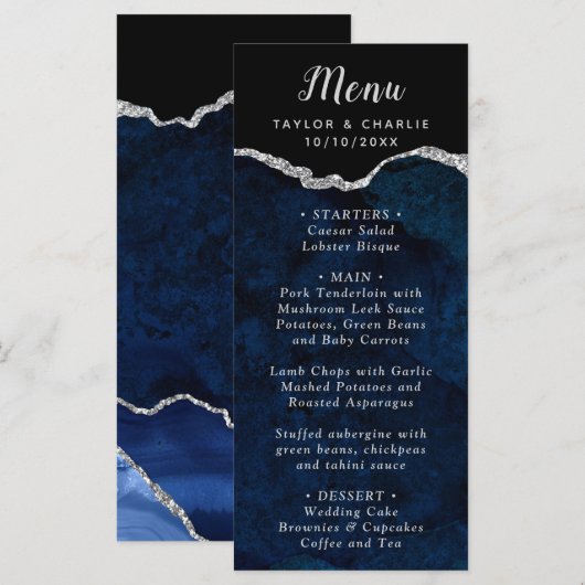 Marineblauw en Zilveren Agaten Trouwmenu Menu (Voorkant / Achterkant)