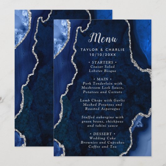 Marineblauw en Zilveren Agaten Trouwmenu Menu (Voorkant / Achterkant)