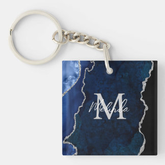 Marineblauw en zilveren marmeren agaat sleutelhanger