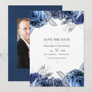 Marineblauw en zilveren namaakfolie bloemige trouw save the date