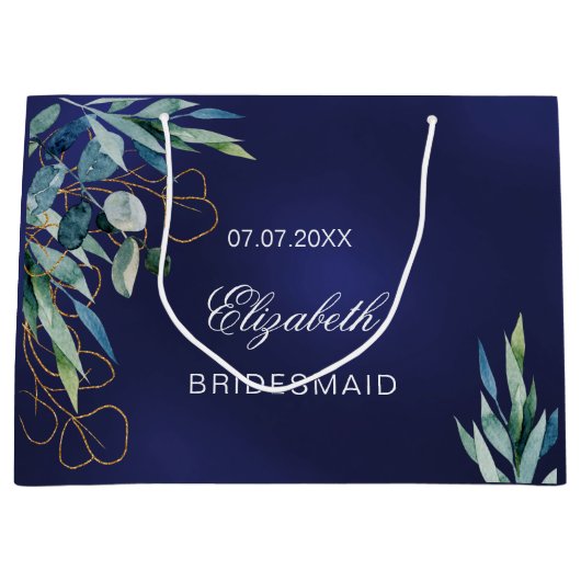 Marineblauw eucalyptus groen bruidsmeisje bruiloft groot cadeauzakje (Voorkant)