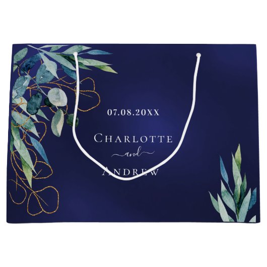 Marineblauw eucalyptus groen bruiloft groot cadeauzakje (Voorkant)