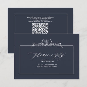 marineblauw Floral Border Monogram Weddenschap RSVP Kaartje