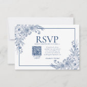 marineblauw (Floral Line) Art QR-code RSVP (Voorkant)