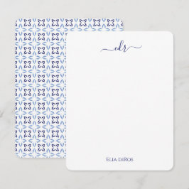 Marineblauw, Frans Blauw & Wit Monogram Note Kaart Notitiekaartje