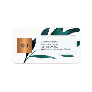 Marineblauw gebladerte metallisch koper vierkant m etiket