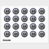 Marineblauw geborsteld zilveren monogram ronde sticker (Vel)