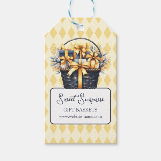 Marineblauw geel geschenkmand cadeaulabel (Voorkant)