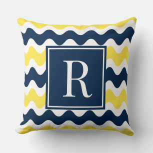 Marineblauw & Geel Preppy Ric Rac Streep Monogram Kussen