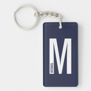 Marineblauw gepersonaliseerd vet monogram en naam sleutelhanger
