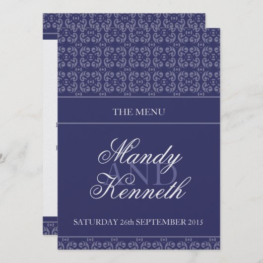 Marineblauw gestreepte metallic bruiloft diner men menu