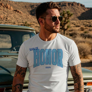 Marineblauw glinsterend nep-varsity MAN VAN EER T-shirt