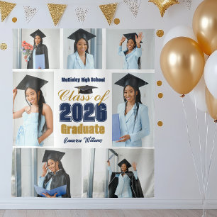 Marineblauw Goud 2026 Afstudeerfeest Foto Collage Wandkleed