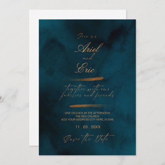 Marineblauw & Goud Bloemig Eucalyptus Elegante Tro Save The Date (Voorkant / Achterkant)