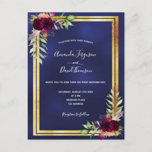 Marineblauw goud bruinbloemigen huwelijksuitnodigi briefkaart