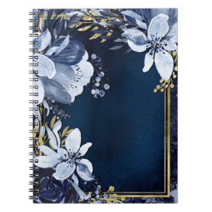 Marineblauw & Goud Elegant Modern Waterverf Bloemm Notitieboek