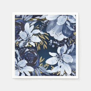 Marineblauw & Goud Elegant Modern Waterverf Bloemm Servet