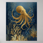 Marineblauw & Goud Kintsugi Octopus Onderwater Poster (Voorkant)