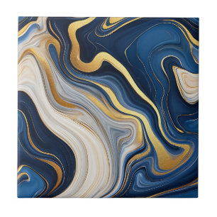 Marineblauw Goud Marmer Krullen Tegeltje