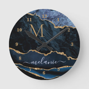 Marineblauw Goud Marmer Uw Letter Naam Wandklok Ronde Klok