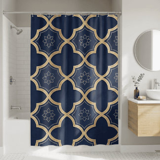 Marineblauw & Goud Marokkaans Vierbladig Geometris Douchegordijn