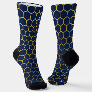 Marineblauw & Goud Zeshoekig Geometrisch Patroon Sokken