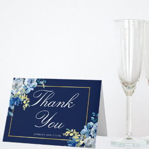 Marineblauw Gouden Bloem Elegant Wit Schrift Vouw Bedankkaart