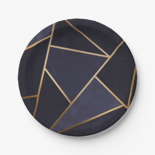 Marineblauw Gouden Driehoeken Geometrisch Elegant Papieren Bordje