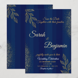 Marineblauw Gouden Elegante Trouw Uitnodiging