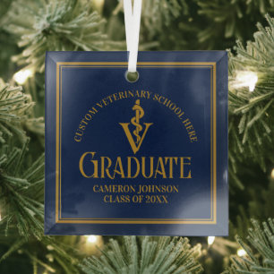 Marineblauw Gouden Kerstmis Afstuderen Dierenarts Glas Ornament
