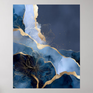 Marineblauw Gouden Moderne Abstracte Bloemen Muurk Poster