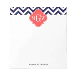 Marineblauw Grote Chevron Koraalrood Quatrefoil 3  Notitieblok