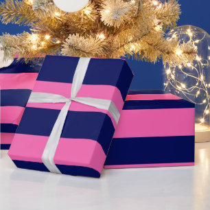 Marineblauw, Hot Pink #2 XL Preppy Streep 1X Cadeaupapier