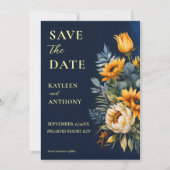 Marineblauw humeurig rustiek zonnebloemen bruiloft save the date (Voorkant)