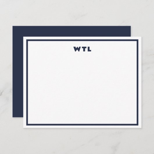 Marineblauw Initialen Monogram Modern Note Kaart (Voorkant / Achterkant)