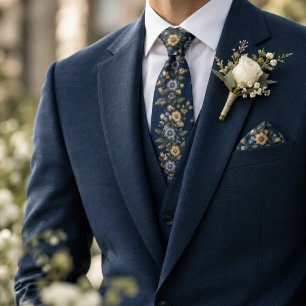 Marineblauw Ivoor Centraal Bloemmotief Erfgoed Stropdas
