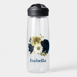 marineblauw ivoor gouden bloemen monogram waterfles