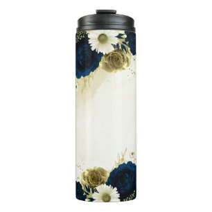 marineblauw ivoor gouden bloemen thermosbeker