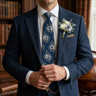 Marineblauw & Ivoor Vintage Botanische Bloemen Stropdas